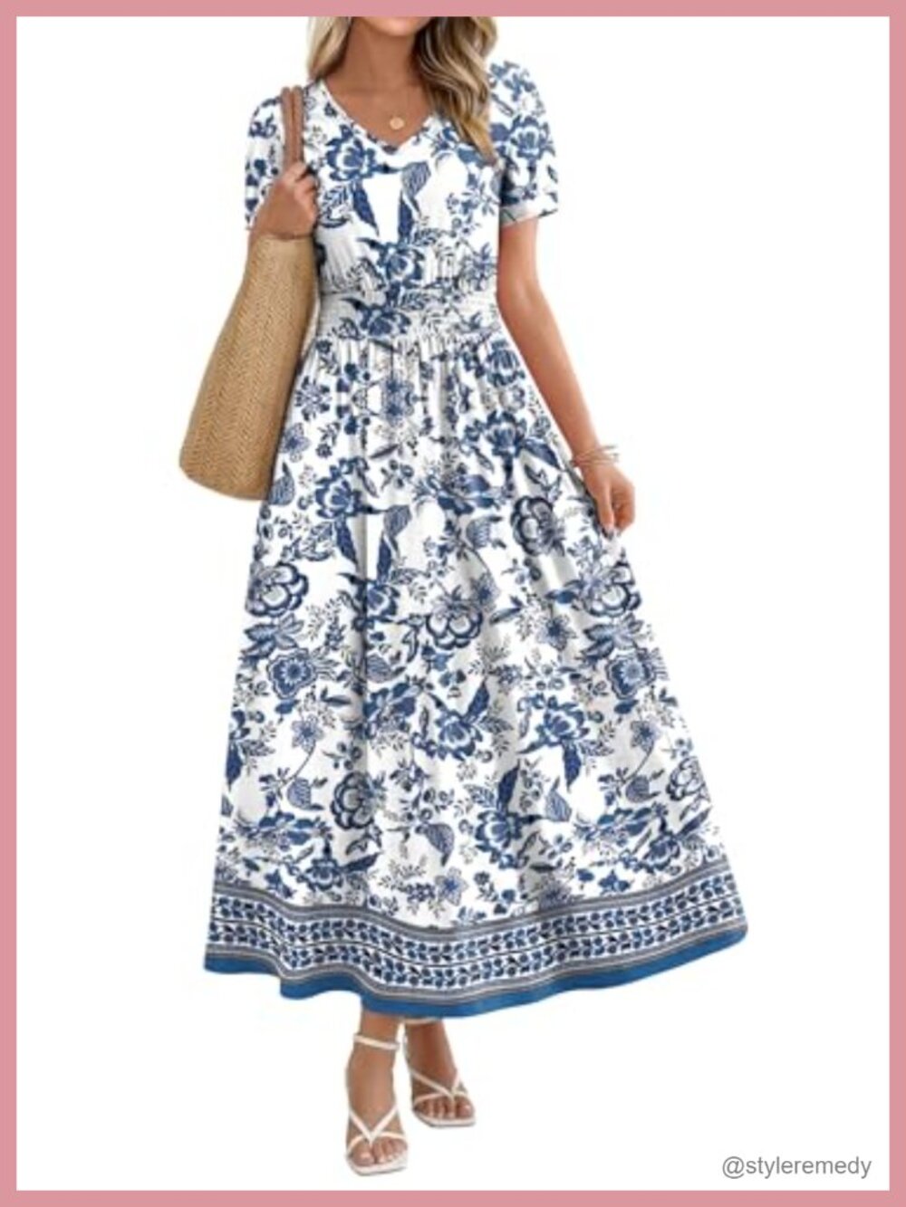 Women's V Neck Maxi Dress A Line Smocked Waist Casual Summer Boho Beach